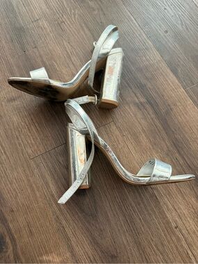 Metallic Silver Block Heel Ankle-Strap Sandals - Women size 7.5-8